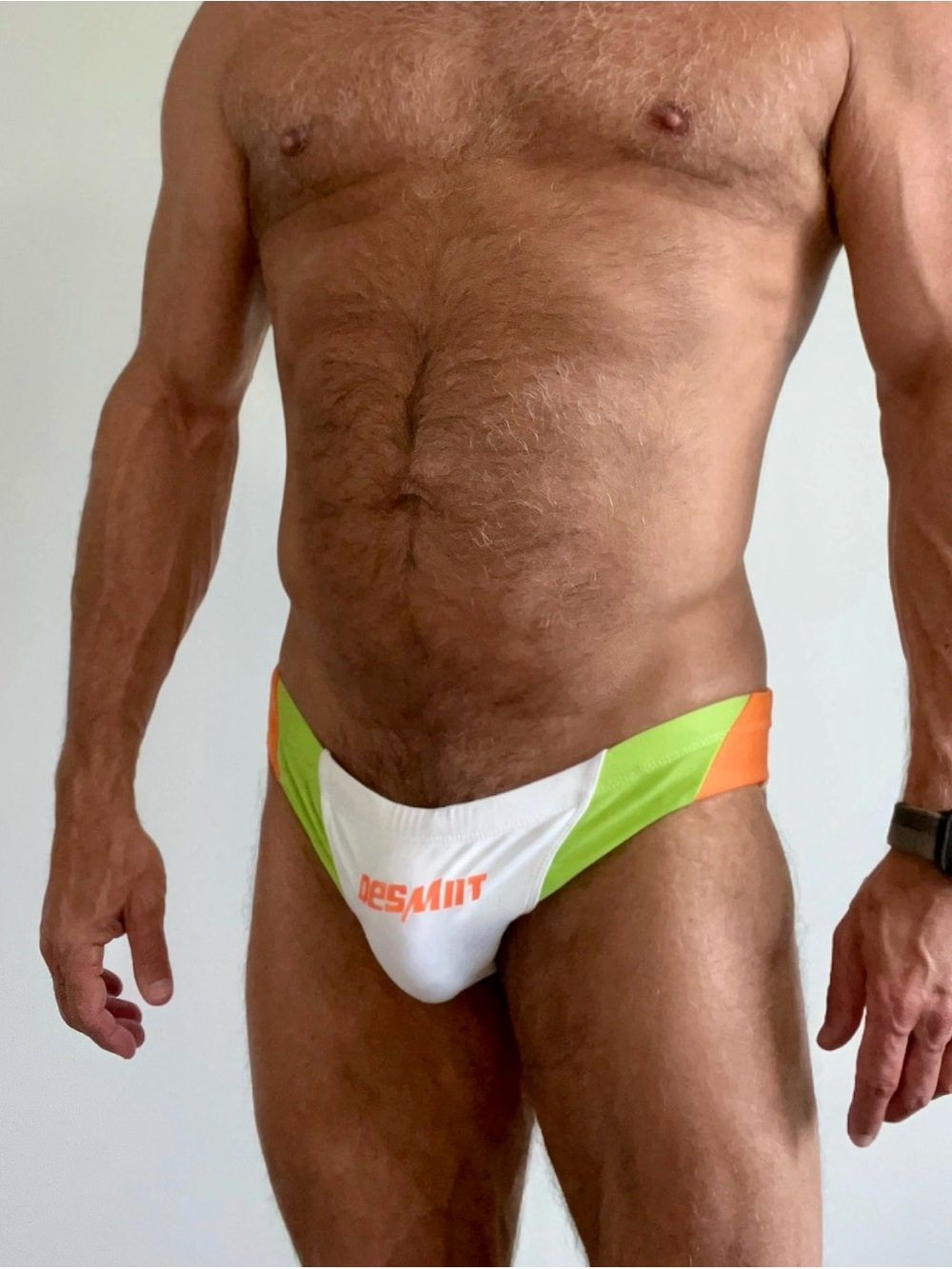 Men’s Colorblock Swim Brief - White, Lime & Orange, Slim fit large